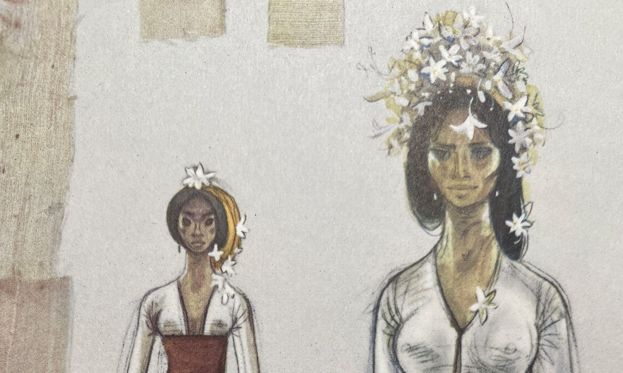 Drawings of women's costumes from the film production of South Pacific