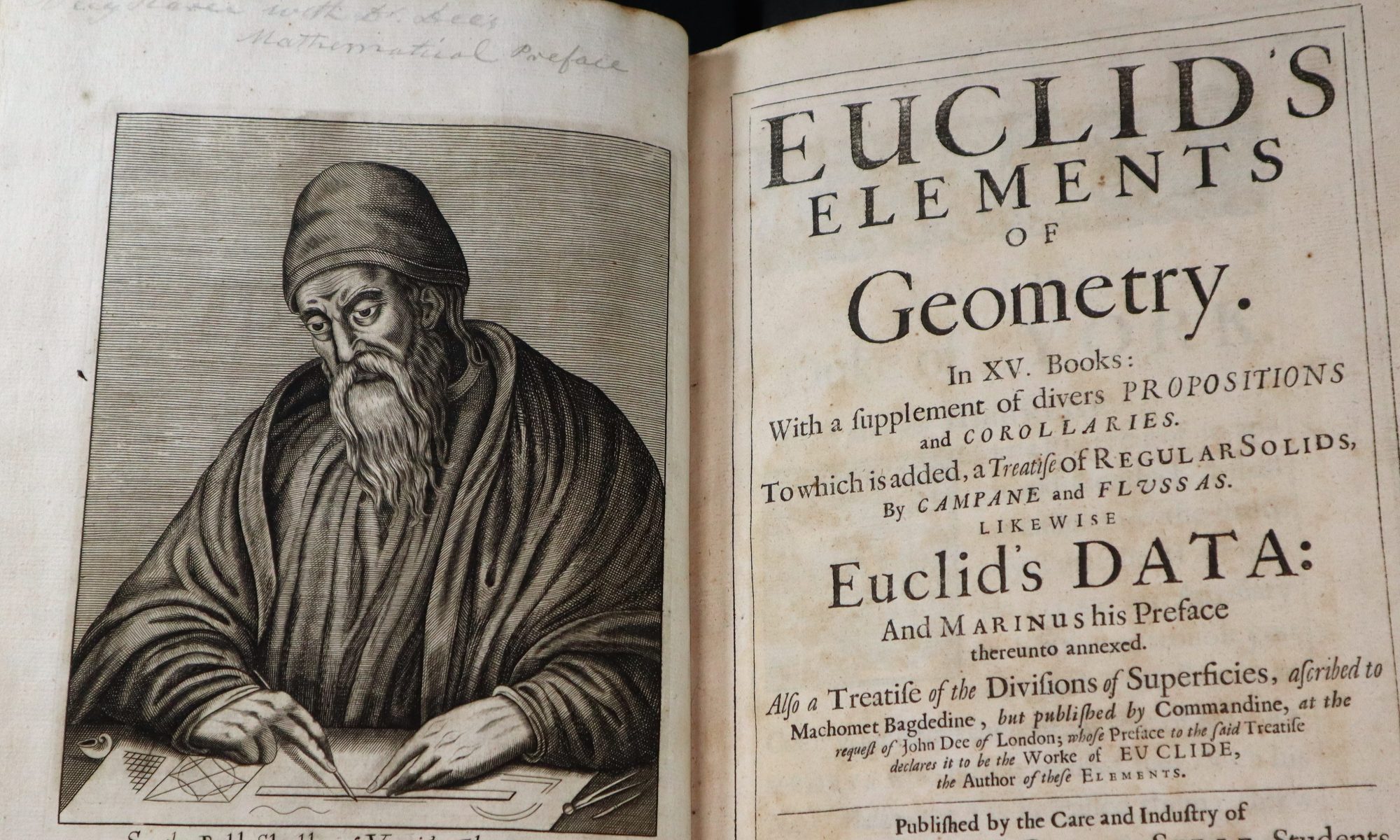 Elements of Euclid 1661 - Title Page and Engraving of Euclid