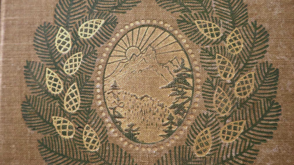 Binding detail from John Muir's The mountains of California, showing a scence of mountain and a forest surrounded by a pine wreath.