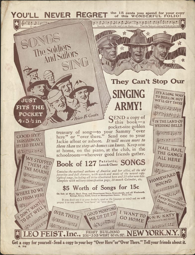 advertisement with imagery of soldiers and a convincing message to buy more booklets to support war efforts on the home front and overseas.