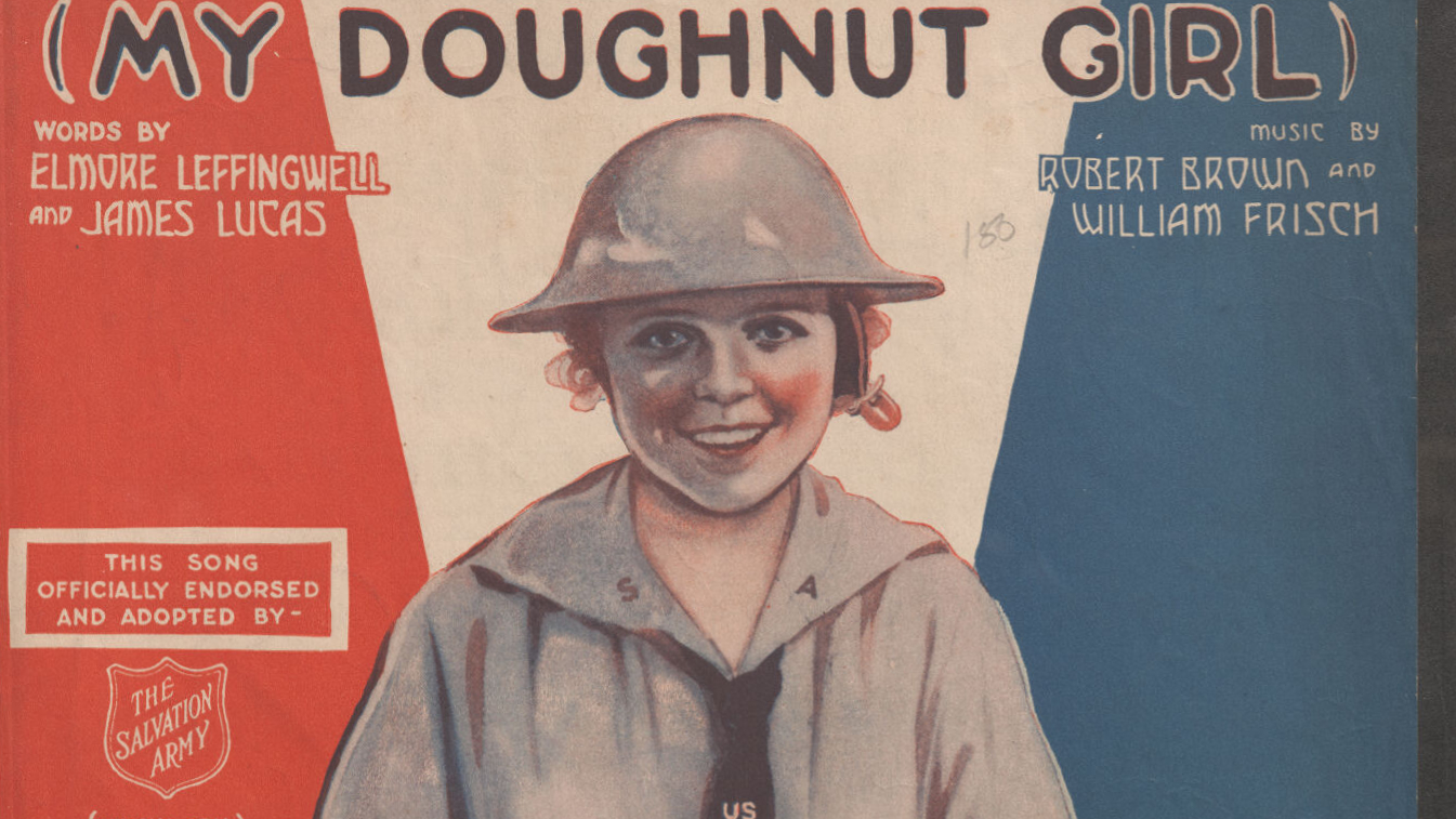 A young woman in a salvation army uniform on the cover of "Don't Forget the Salvation Army (My Donut Girl)" (1919)