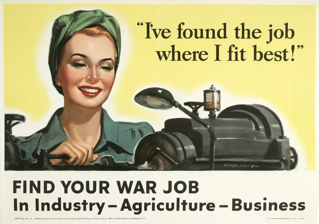 A woman operating a machine in a propaganda poster "I've found the job where I fit best"