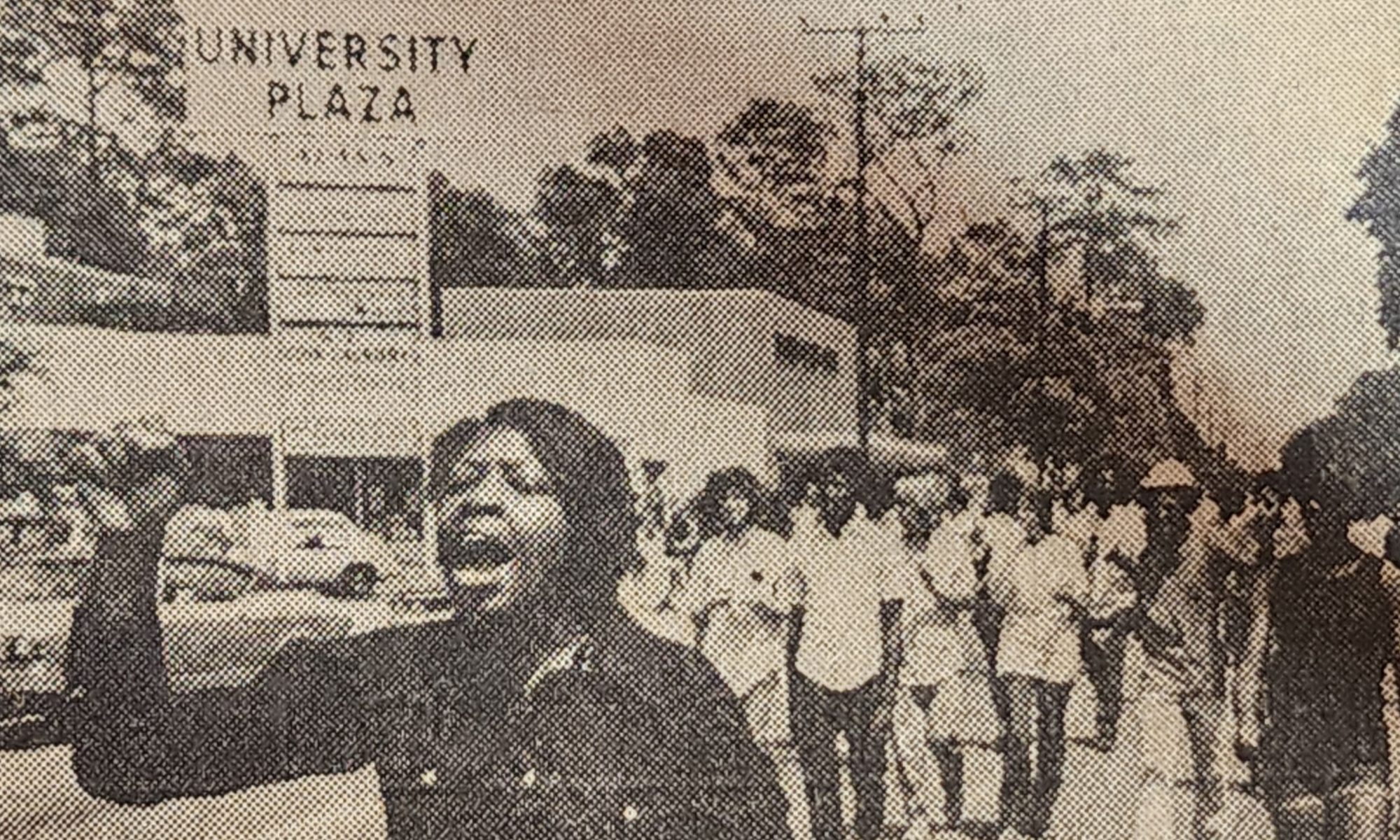 A newspaper photograph of Students protesting on University Avenue